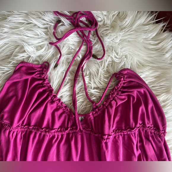 Free People Ruched Magenta Halter Top – Size M, Soft Jersey Knit Boho Cami - Picture 14 of 14